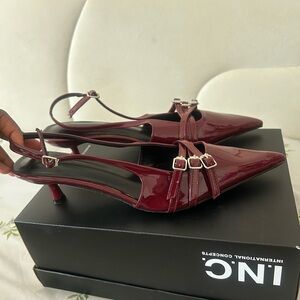 Burgundy Patent Pointed-Toe Slingback Heels with Buckle Detail